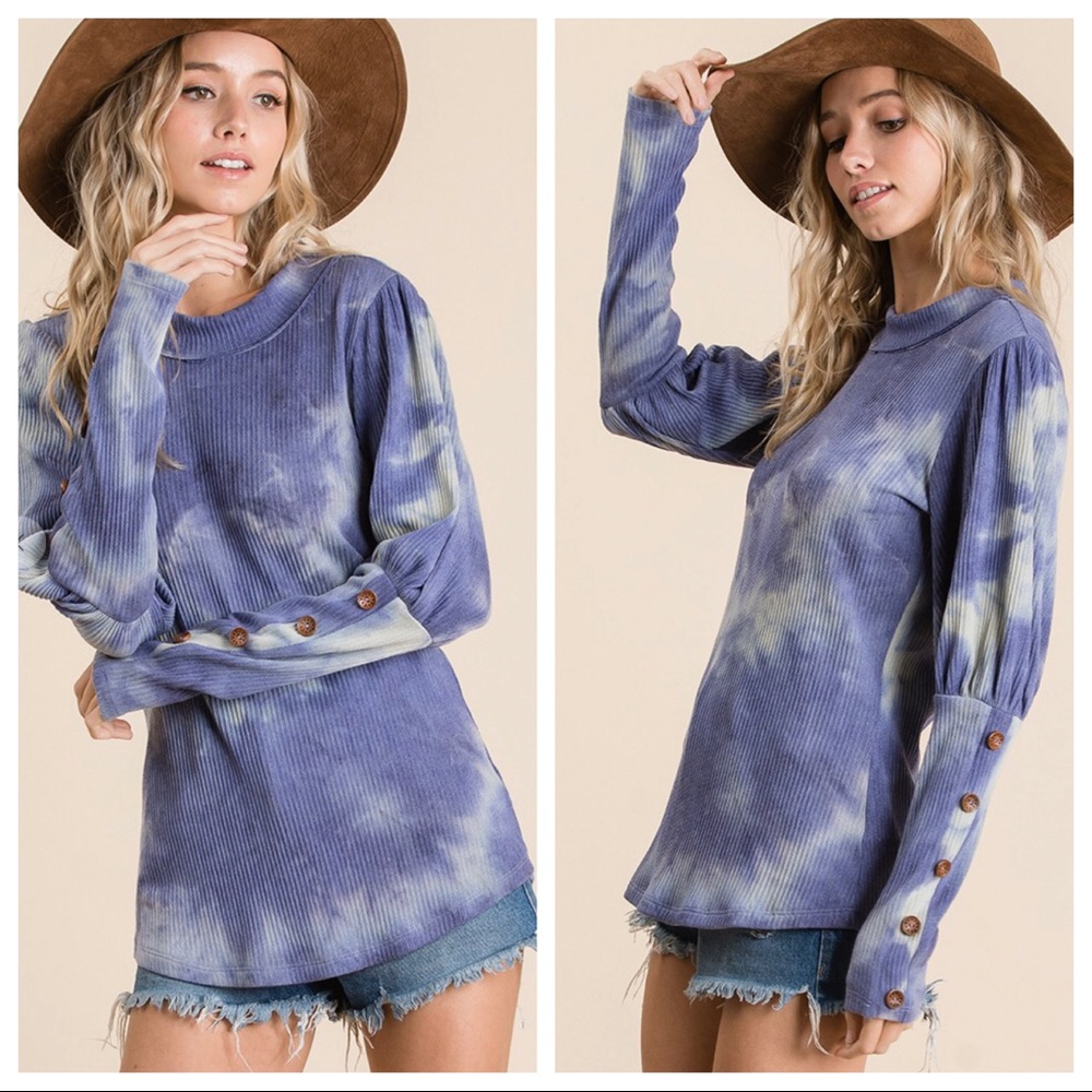Tie Dye ribbed fabric puff sleeve and raw edge top - Picture 2 of 5